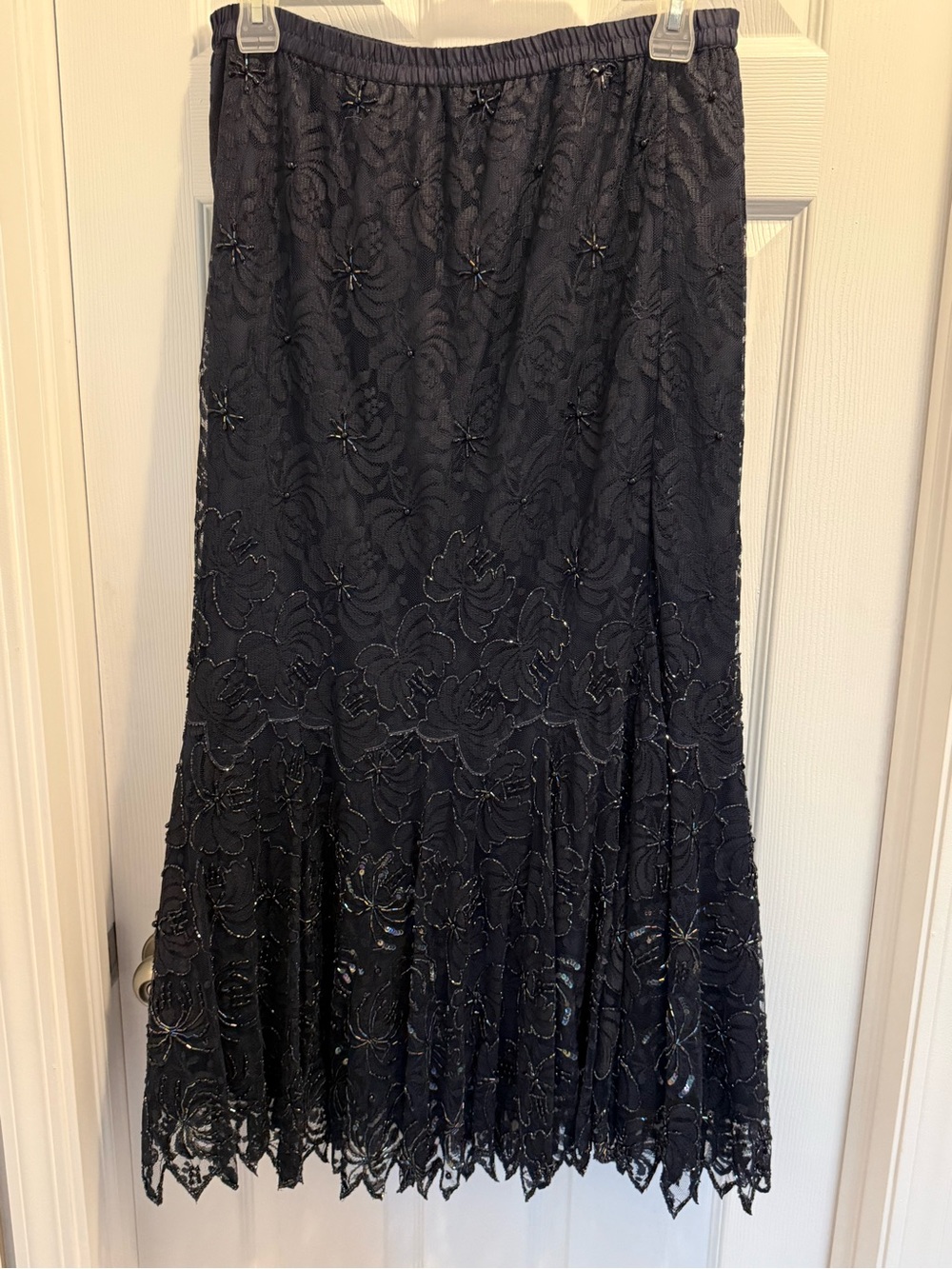 Vintage Navy Blue Beaded Lace Maxi Skirt Mermaid Hem Size L XL Prom Goth